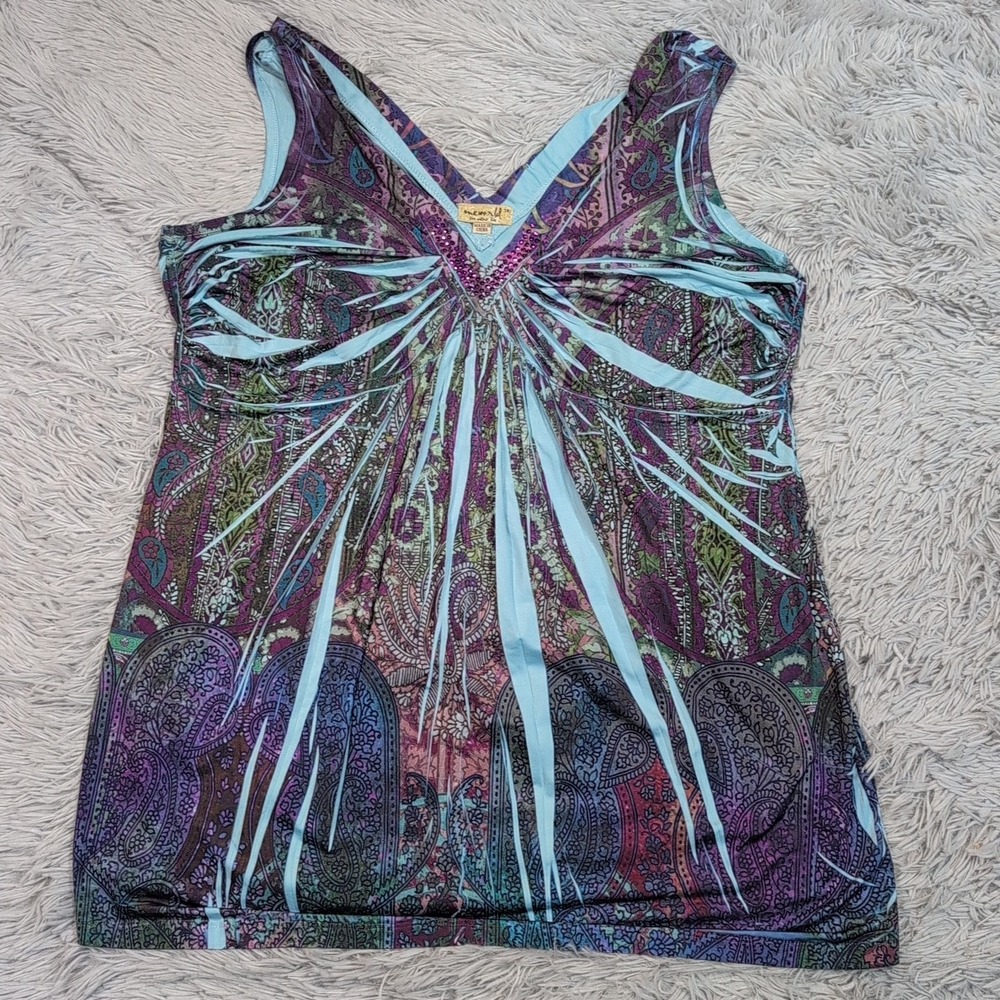 ONE WORLD Purple Paisley Print Sleeveless Blouse with Aqua Accents
